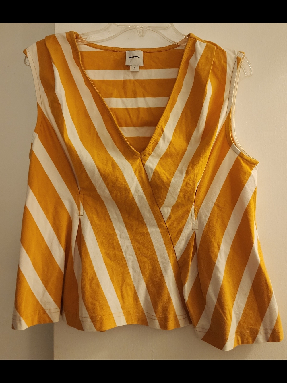 Maeve Striped Mustard & White Sleeveless V-Neck Pedlum Top